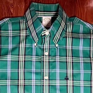 Brooks Brothers green blue plaid button down sport shirt long sleeve